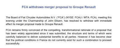 FCA撤回向雷诺提出的合并提议