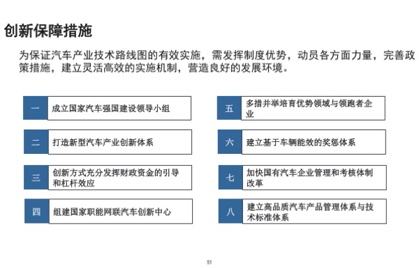 汽车制造技术路线图  汽车制造技术路线图以“绿色制造，智能制造，优质制造，快速制造”为发展主线，全面提质增效降耗，以铝镁合金和碳纤维复合材料为重点，逐步掌握轻量化材料制造技术，以动力总成及新能源汽车电驱动系统为突破口，显著提升轴、齿等零部件的加工制造技术，实现制造装备的数字化、智能化。