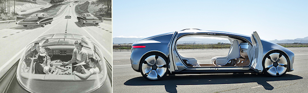 左图：1950年周六邮报对车内空间的预测； 右图：2015年奔驰概念车 